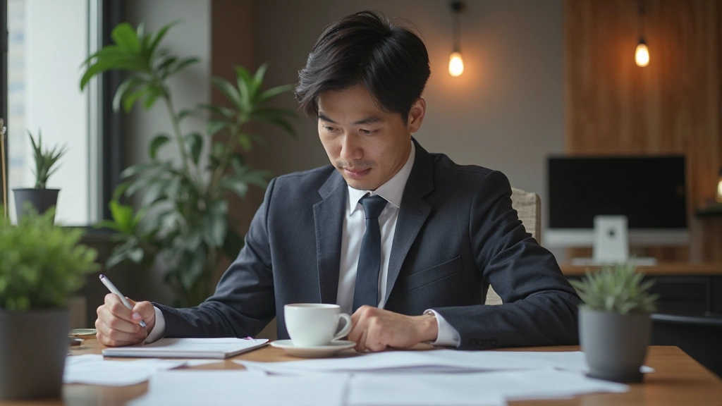 Person reviewing handwritten notes and documents at desk with coffee, focused analytical work environment