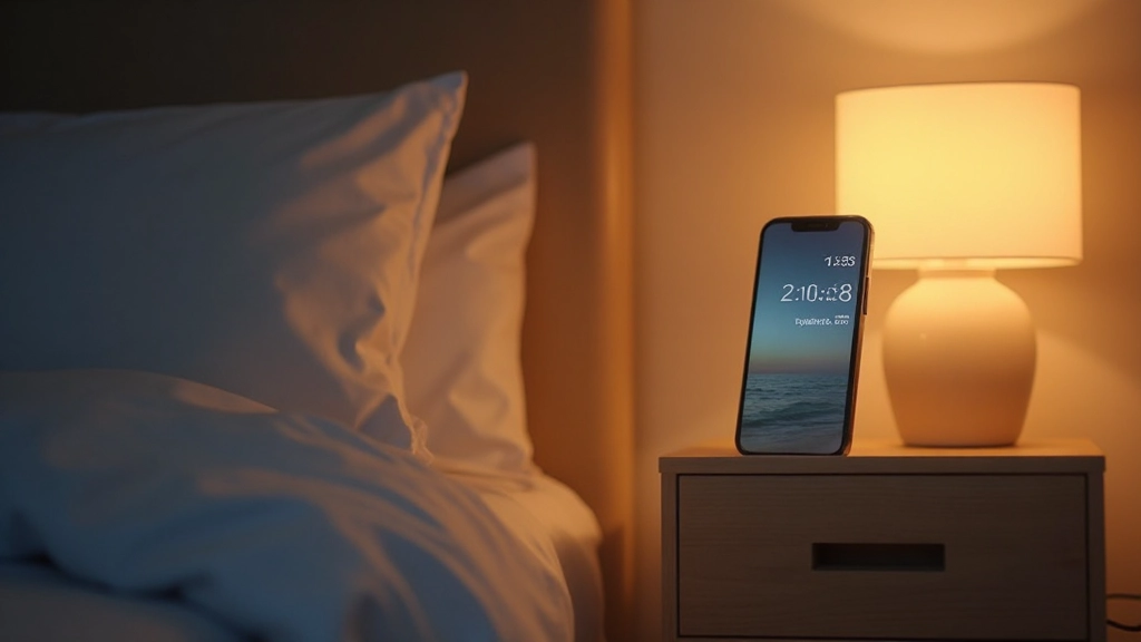 Bedroom with smartphone on nightstand showing time at night with warm ambient lighting