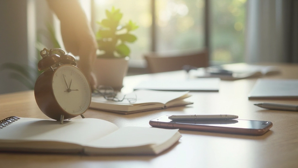 Calm workspace with phone placed face-down and mindfulness timer visible on desk
