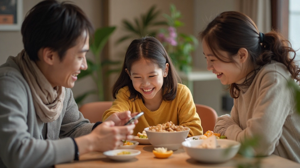 Family having conversation without phones visible on table during meal