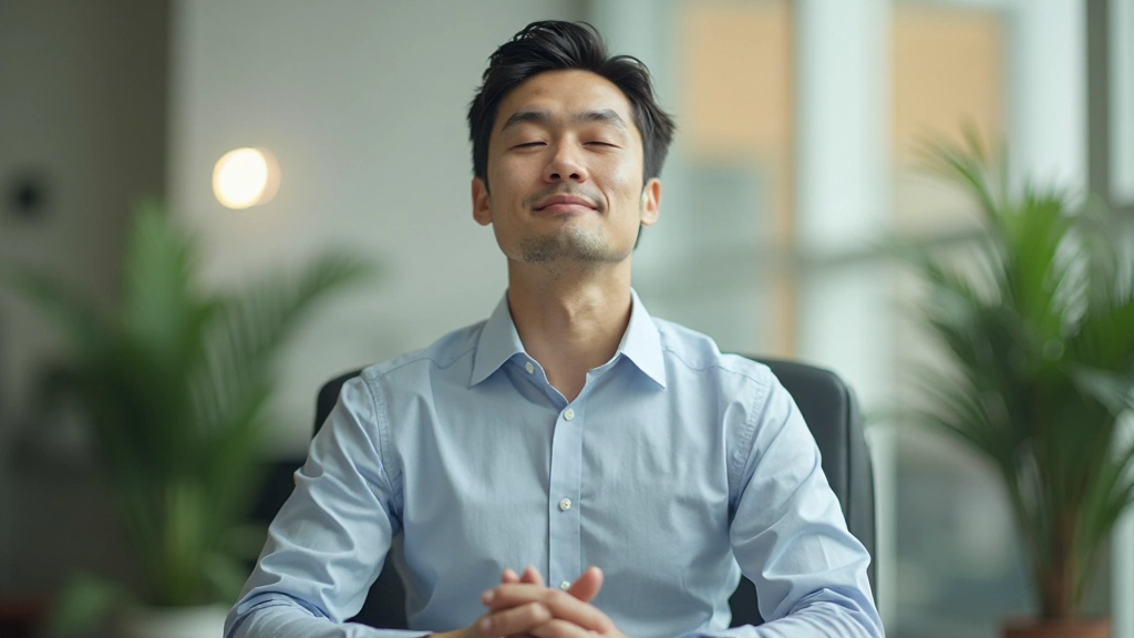 Person meditating at desk with closed eyes and peaceful expression during work break