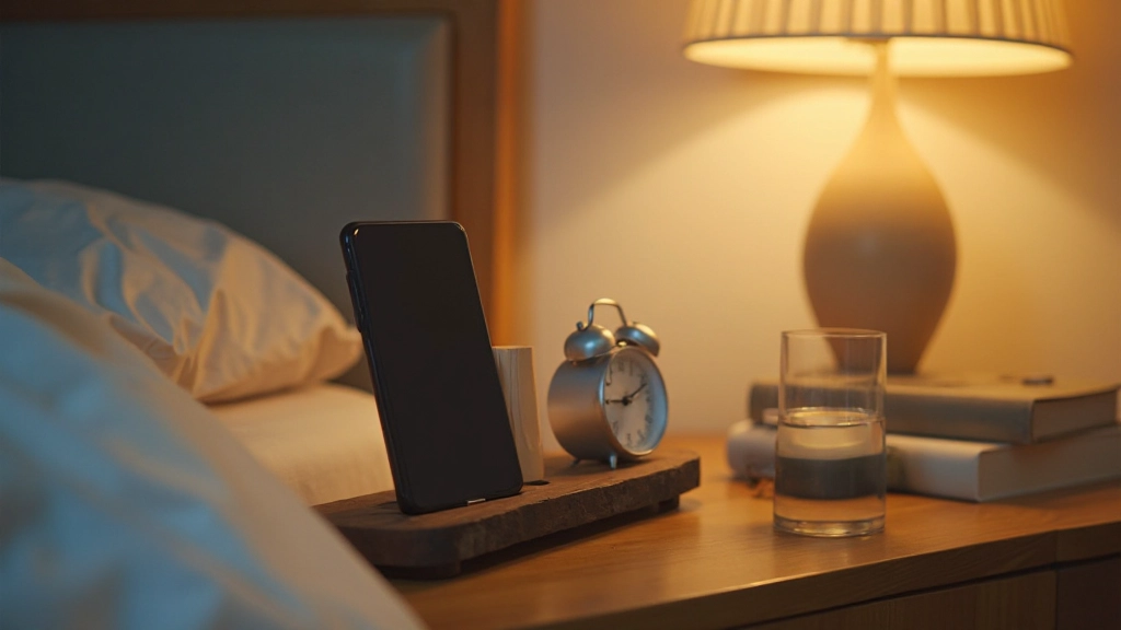 Organized nightstand with phone in charging station away from bed and alarm clock