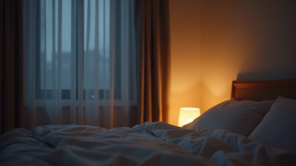 Dimly lit bedroom with warm lighting and no visible devices, peaceful sleep environment