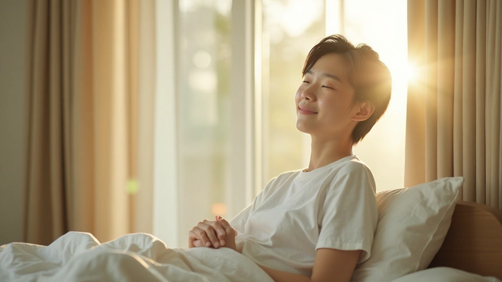 Person waking up refreshed in morning sunlight streaming through bedroom window