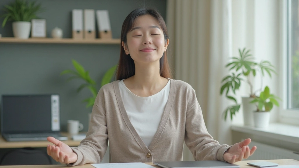 Person practicing meditation during work break with peaceful expression and calm environment
