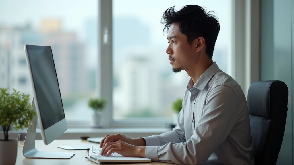 Person at organized desk with single monitor, notebook, focused expression, calm office environment with natural lighting