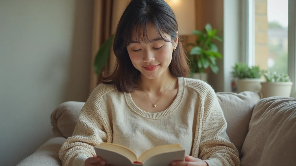 Woman reading physical book peacefully indoors, fully engaged in offline activity without digital distractions
