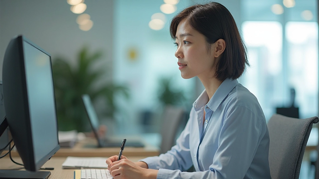 Woman focused on work at desk with minimized notifications and distractions