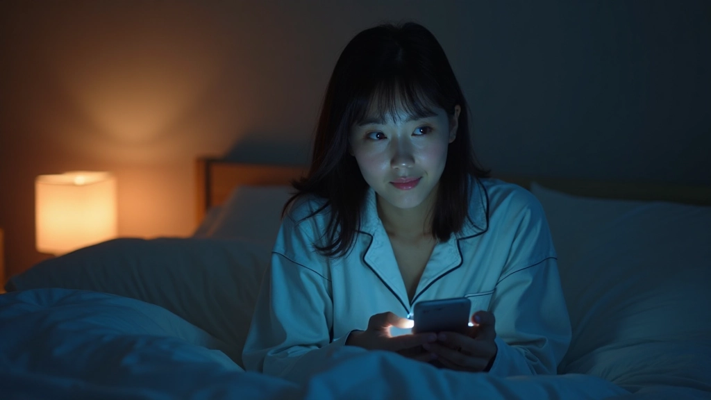 Person sitting on bed at night holding smartphone with blue light illuminating their face