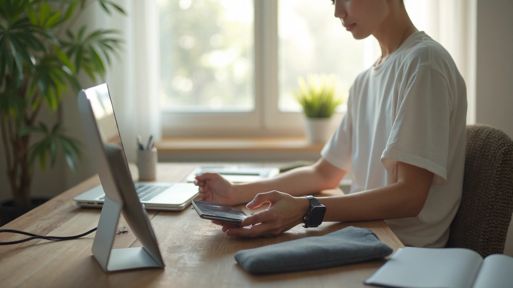 Serene workspace with mindfully organized technology and wellness items