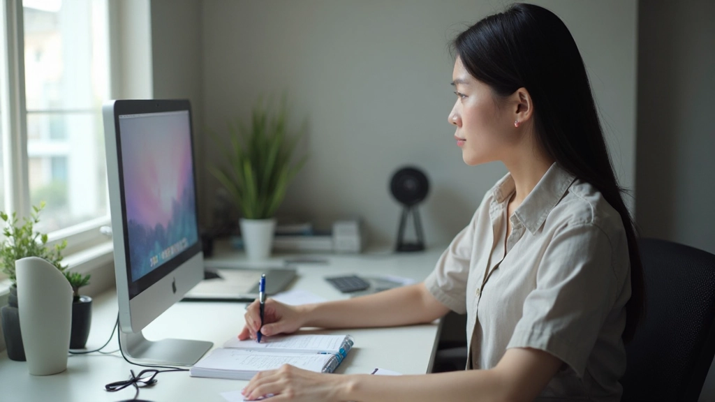 Minimalist workspace with notebook, pen, and single monitor showing focused work environment without distractions
